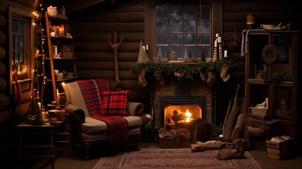 Rustic Cabin Wonderland: "A small, rustic cabin room with a mini Christmas tree decorated with pinecones, burlap ribbon, and warm white lights.