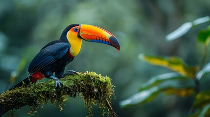 Naklejka premium Red billed toucan perched a mossy branch striking beak colors rich rainforest greens perfect natural composition
