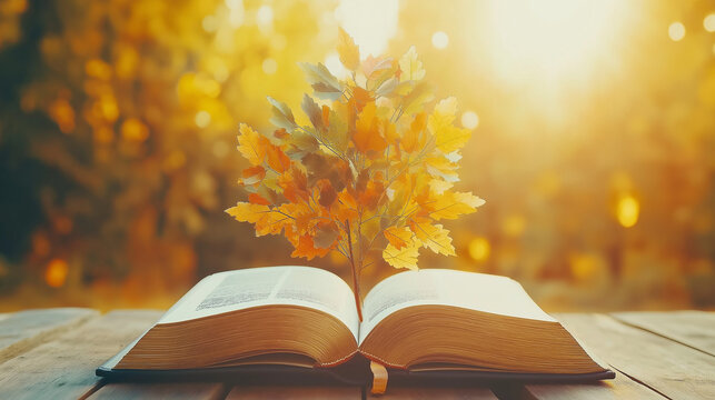 Golden Pages of Wisdom: An open book bathed in sunlight, adorned with autumn leaves, invites reflection and a sense of serenity, promising knowledge and tranquility.