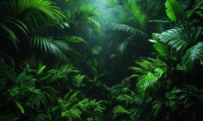 Deep green jungle with lush foliage, dense trees, and shadows cast by the leaves
