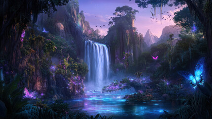 A majestic waterfall cascades down a lush, rocky cliff into a tranquil pool, surrounded by vibrant butterflies in a mystical forest setting.