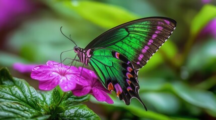 Vibrant Green Butterfly Resting on Pink Flower Petals Among Lush Green Foliage in Nature