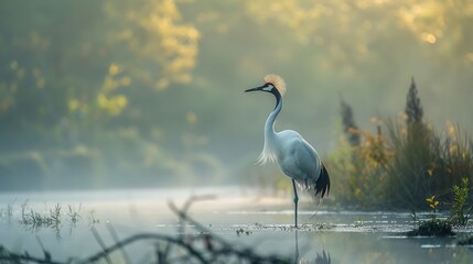 Naklejka premium Red crowned crane standing gracefully a misty wetland long slender neck curving elegantly soft diffused light illuminating delicate white feathers