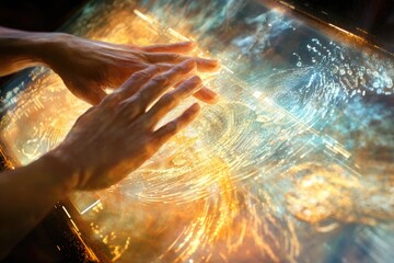 Hands interact with a futuristic, luminous interface displaying swirling, golden data streams.