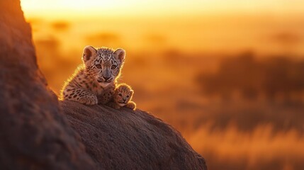 Young Cheetah Cub Resting on Rock During Sunset in African Savanna Landscape