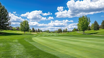 Obraz premium Majestic golf course with vibrant green grass, a blue sky, and soft clouds overhead.