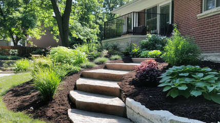 Obraz premium Beautifully Designed Outdoor Yard with Stunning Landscape Ideas, Featuring Lush Greenery and a Sunny Atmosphere