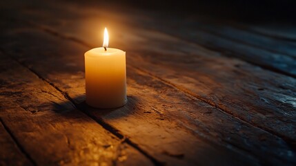 A glowing candle illuminates an old wooden table creating a cozy atmosphere