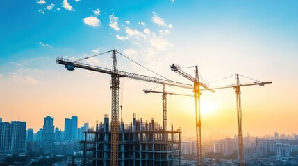 Construction cranes over cityscape at sunset