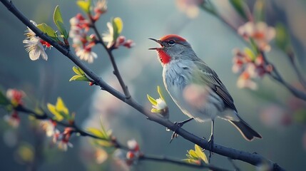 Obraz premium Red faced warbler singing a delicate tree branch bright red and grey plumage springtime bloom ultra detailed feathers