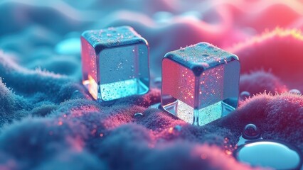 Three melting ice cubes on wet surface with colorful neon lighting	