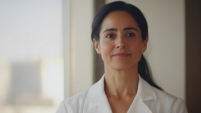 Confident female doctor in white coat, embodying professionalism and trust in healthcare