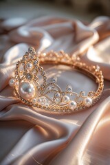 Elegant golden tiara adorned with pearls and crystals resting on soft satin fabric in warm sunlight