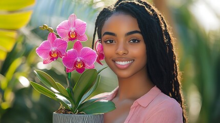 Smiling woman holding a pot of pink orchids