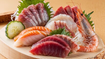assorted sashimi, shrimp, tuna, salmon, yellowtail and other fish are deliciously arranged on the plate.
