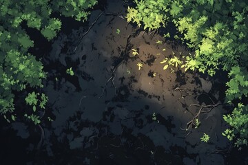 Aerial view of lush green foliage surrounding dark, earthy ground with exposed roots.