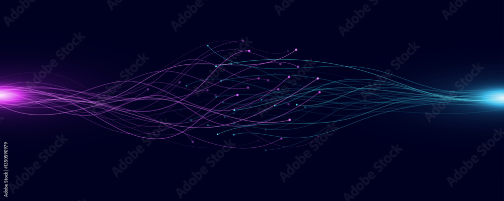 Poster connected glowing neural connectors into cyberspace. big data analysis. tech science backdrop. vecto
