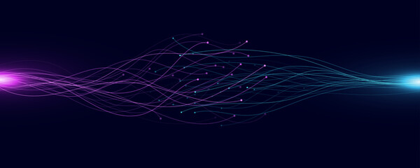 Connected glowing neural connectors into cyberspace. Big data analysis. Tech science backdrop. Vector illustration. EPS 10