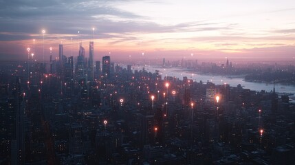 Fototapeta premium Futuristic city skyline at sunset. Aerial view. Possible stock photo