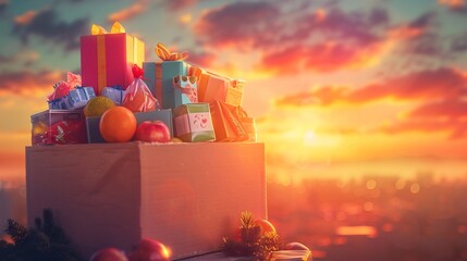 Naklejka premium Inspiring generosity wish card showcasing donation box overflowing gifts food clothes set against warm sunset glow blank section one side allows writing the recipients name and words of appreciation