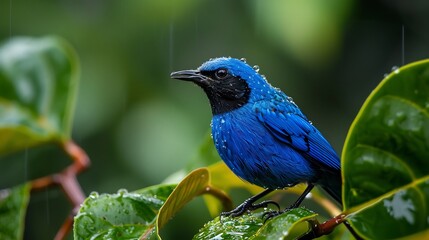 Fototapeta premium Red legged honeycreeper perched a tropical leaf stunning blue and black plumage delicate feet gripping the branch rich rainforest backdrop