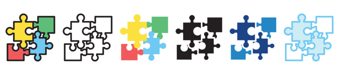 Puzzle multi style, mini illustration icon set. outline, flat, glyph, line color, UI, UX, app and web, digital or print. vector EPS 10 related to education, kindergarten, kids and baby.