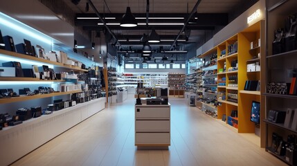 Modern electronics store interior showcasing a variety of gadgets and accessories with organized displays and bright lighting