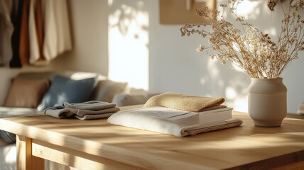 Cozy Interior Design with Neutral Textiles and Flower Arrangement