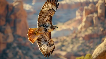 Red tailed hawk soaring high above canyon wings fully extended razor sharp beak and talons deep shadows and highlights cinematic natural landscape