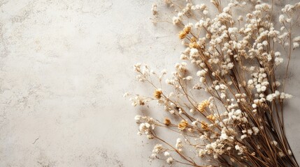 Fototapeta premium A delicate arrangement of dried flowers on a textured surface, creating a serene and natural atmosphere