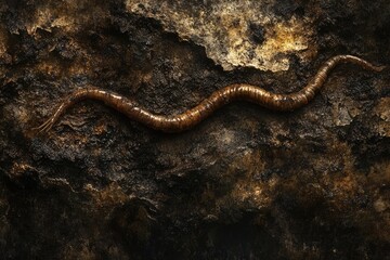 A segmented worm, possibly an annelid, crawls on a dark, textured rock surface.