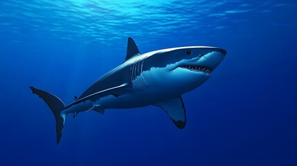 Fototapeta premium Sleek megalodon glides through deep waters, contrasting with a bulky silhouette in the background, embodying elegance and power