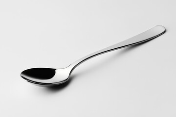A sleek, modern silver spoon rests on a white background, showcasing its elegant design.