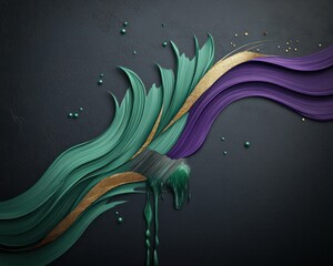 A paintbrush strokes soft waves of emerald green, deep purple, and gold on a dark charcoal wall, with drops and drips falling from the brush, forming an intricate abstract design