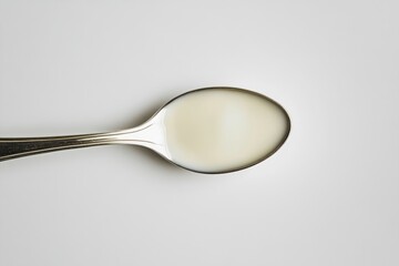 A spoonful of creamy, pale liquid, likely milk or cream, rests on a white background.