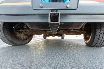  1990 covered pickup truck, lifted American 4X4 SUV off-road vehicle underneath close up details,...