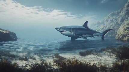 Fototapeta premium Majestic Great White Shark in Coastal Waters