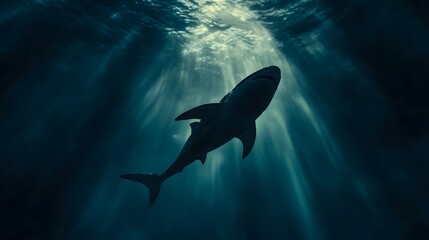 Obraz premium Sleek megalodon glides through deep ocean, embodying power and grace in its streamlined form