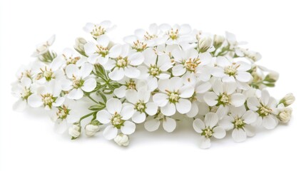 A close-up view of delicate white flowers arranged beautifully, showcasing their intricate details against a plain background