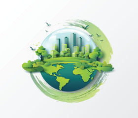 ustainable World with City Skyline and Nature Brushstroke