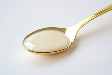A golden spoon holds a spoonful of creamy, pale liquid, set against a white background.