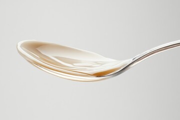 A spoonful of creamy, light brown liquid, glistening and smooth.