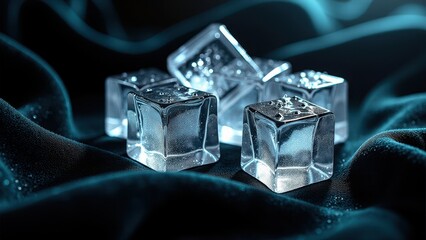 Three fresh ice cubes starting to melt on dark textured fabric background	