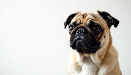 Fototapeta premium Single pug against pure white backdrop Close-up view , pet photography, pug, headshot