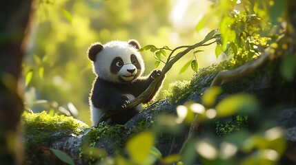 Adorable Panda Cub in Lush Green Bamboo Forest