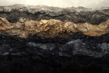 Layered earth strata reveal diverse soil types and geological history, showcasing colors and textures.