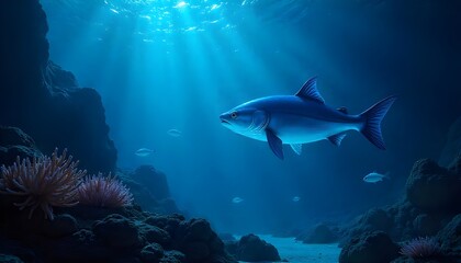  stunning underwater scene with glowing bioluminescent sea creatures, deep ocean exploration, mystical blue lighting