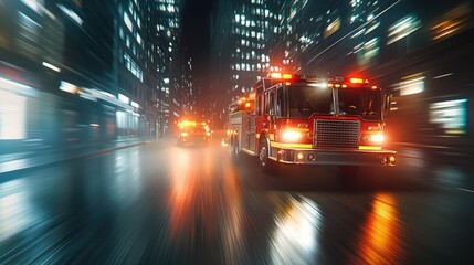 Fire trucks racing through a rain-soaked city street at night, illuminated by vibrant city lights