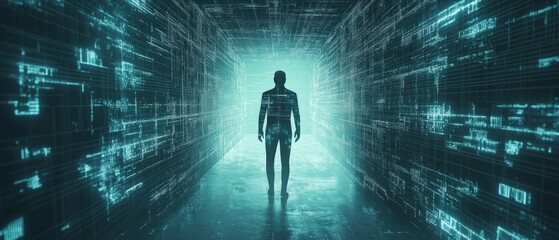 Cybersecurity AI Scanning Digital Environment with Futuristic Silhouette