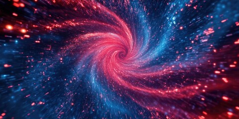 An abstract technology vortex with red and blue glowing particles spiraling inward, representing big data and futuristic networking. 